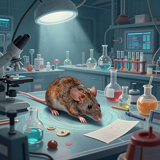Photorealistic CGI of a brown rat on a laboratory bench under a bright microscope, surrounded by test tubes, beakers, and scientific equipment.