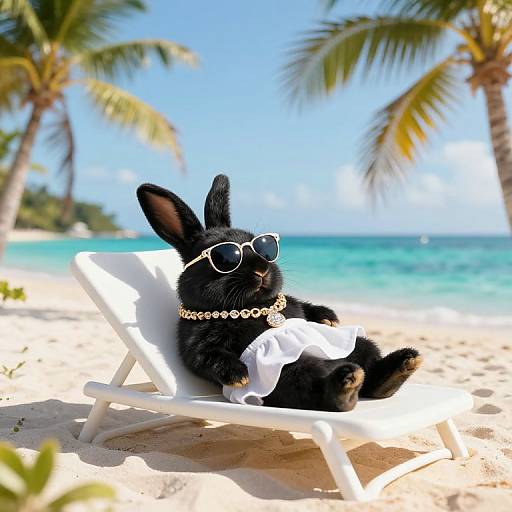 Relaxed Black Rabbit on Tropical Beach