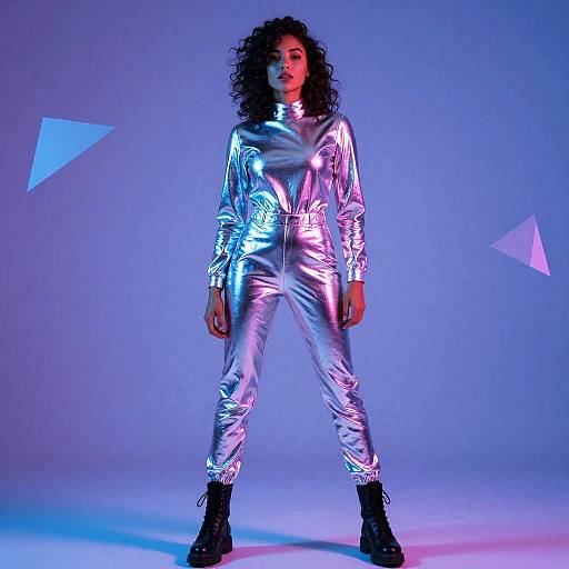 Photograph of a curly-haired woman in a shiny silver jumpsuit, standing confidently, against a blue and purple geometric background.