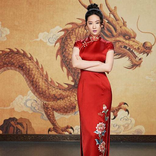 Asian woman in red traditional cheongsam with floral embroidery, black hair in bun, arms crossed, standing in front of a dragon mural. Photographic