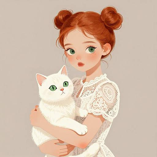 Whimsical Girl with Red Hair and Cat