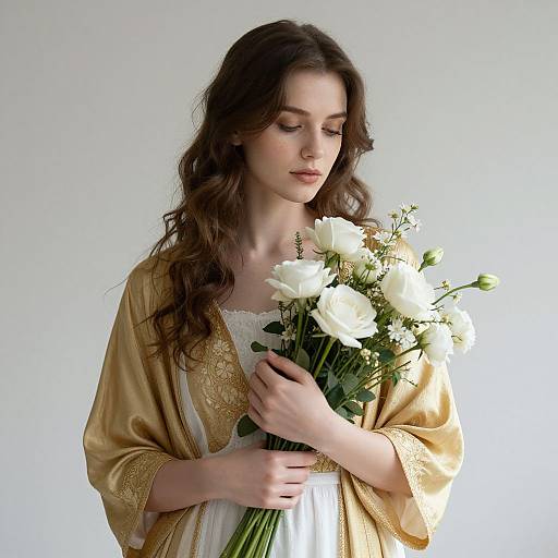 Young woman with wavy brown hair, wearing a gold silk robe over a white dress, holding a bouquet of white roses, softly lit against a plain