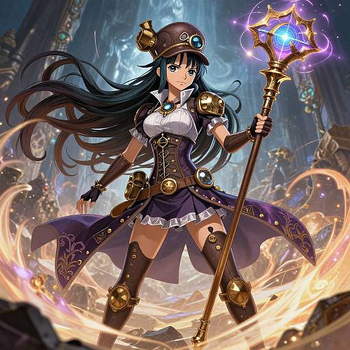 Anime-style digital illustration of a confident, long-haired, black-haired girl in steampunk attire, wielding a glowing, magical staff in a futuristic,