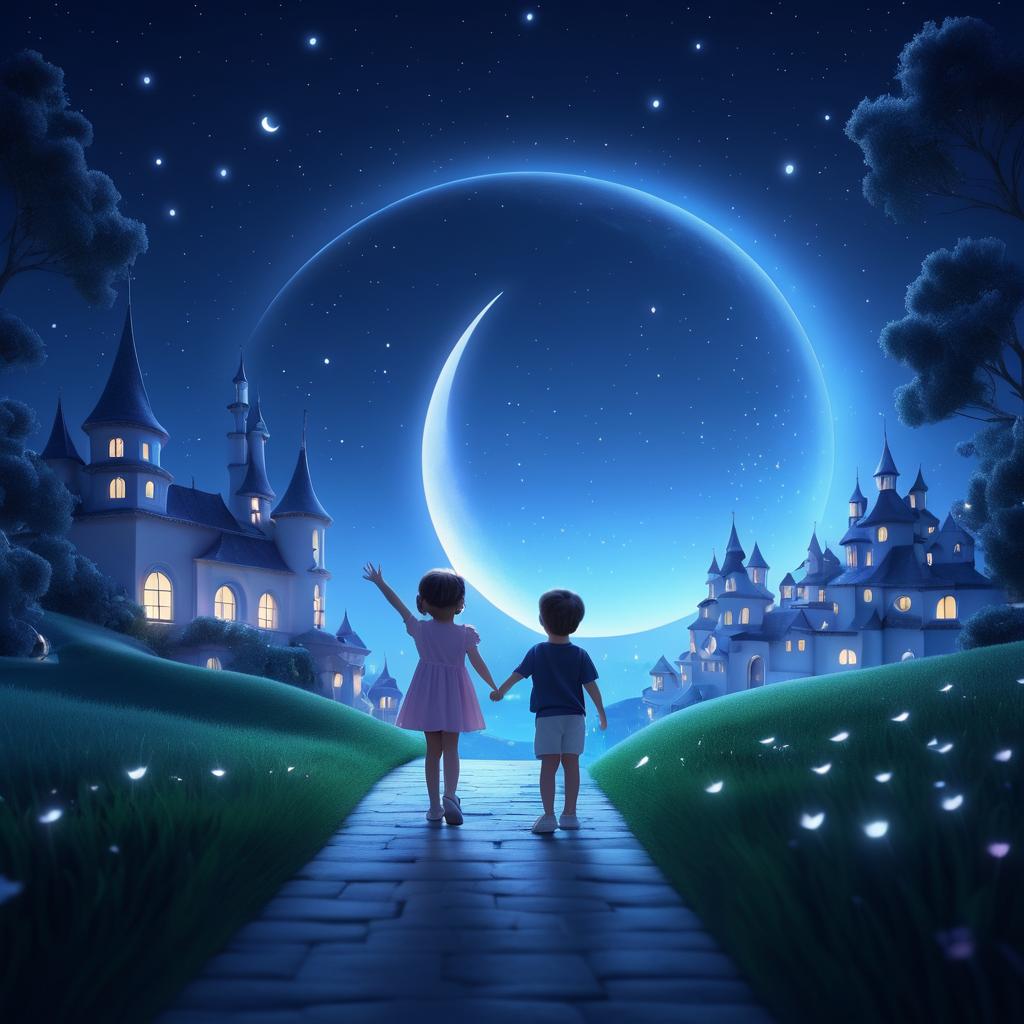 Dreamy Nighttime Scene with Kids Waving