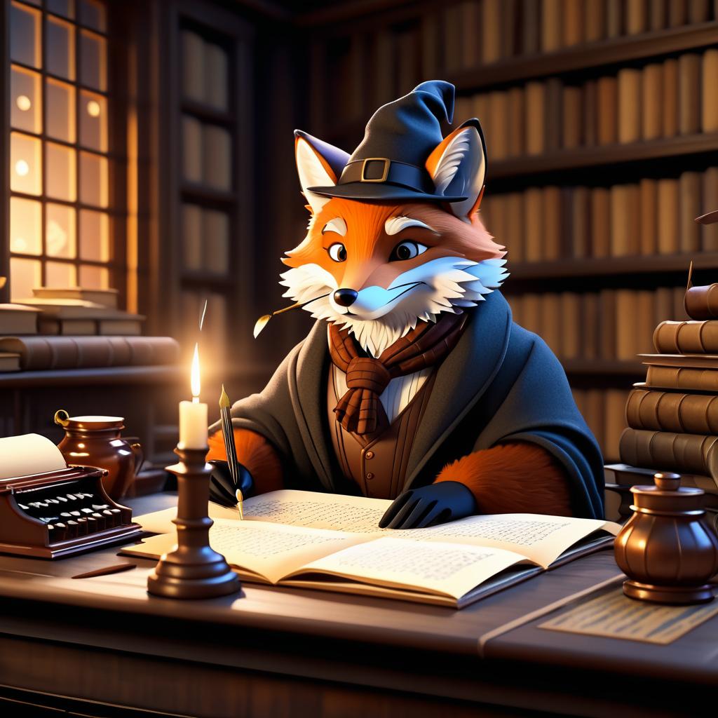 Whimsical Fox Writer in Cozy Study