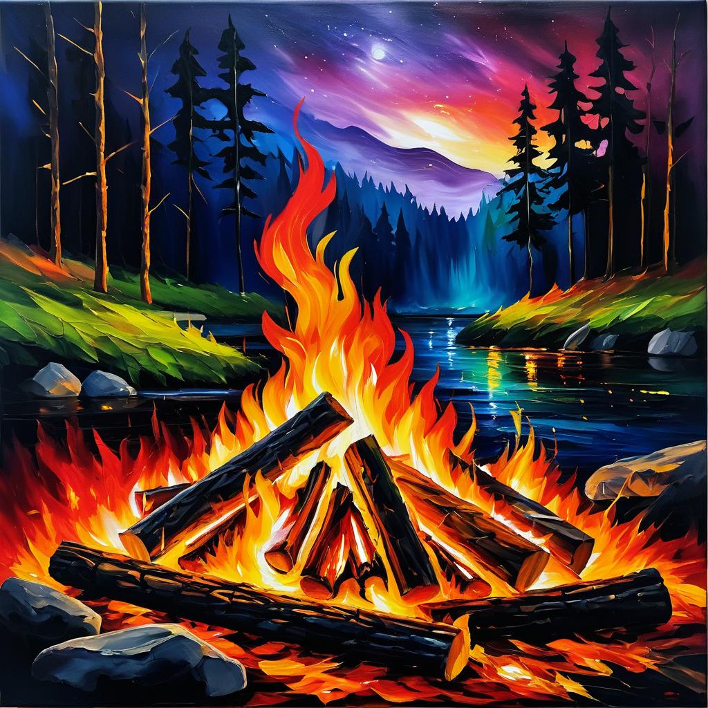 Vibrant Flames: Nighttime Oil Painting