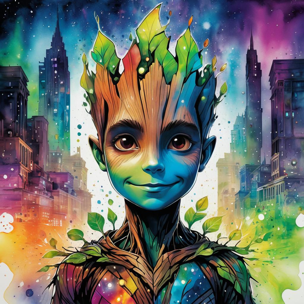 Vibrant Groot Portrait in Watercolor Style