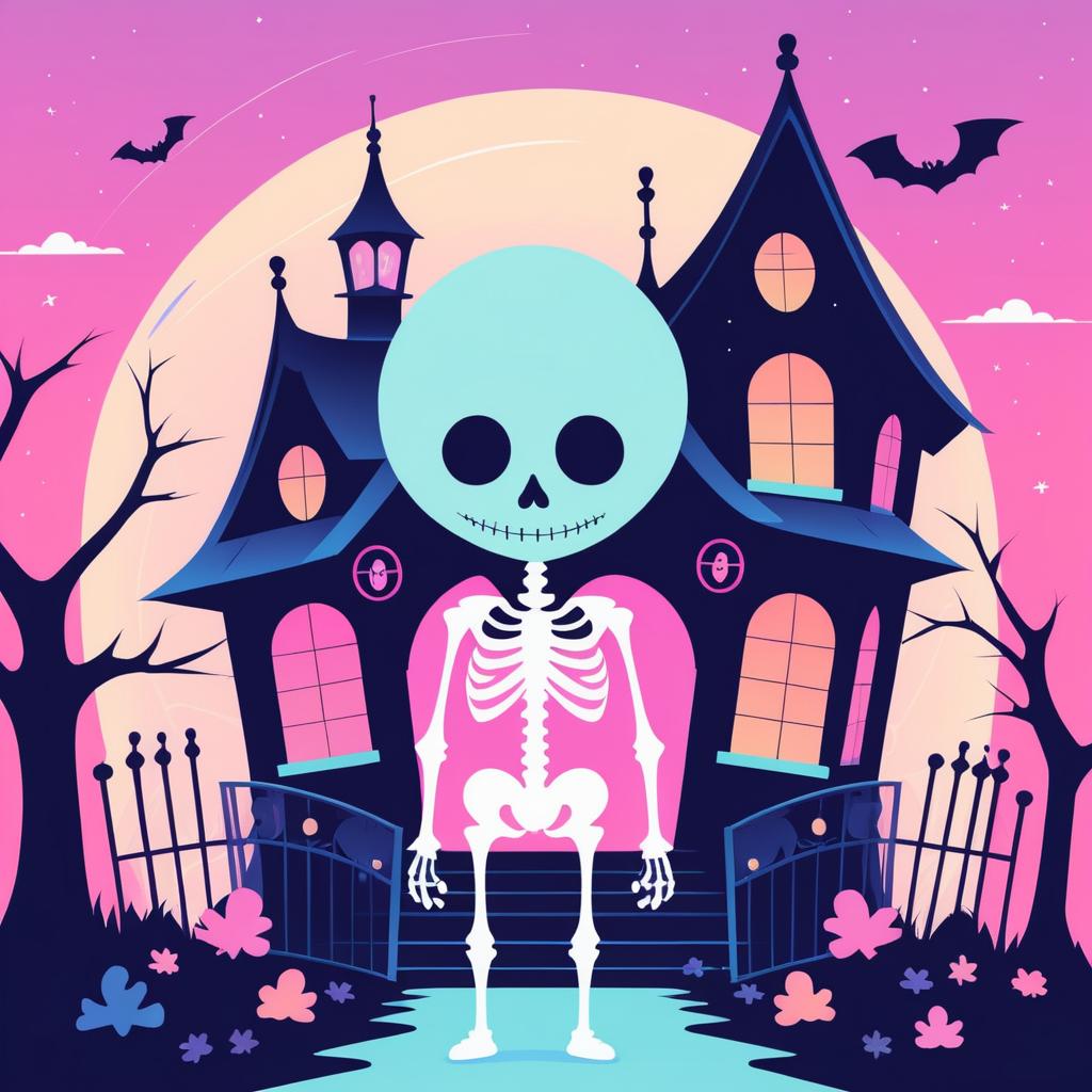 Charming Kawaii Skeleton in Halloween Scene