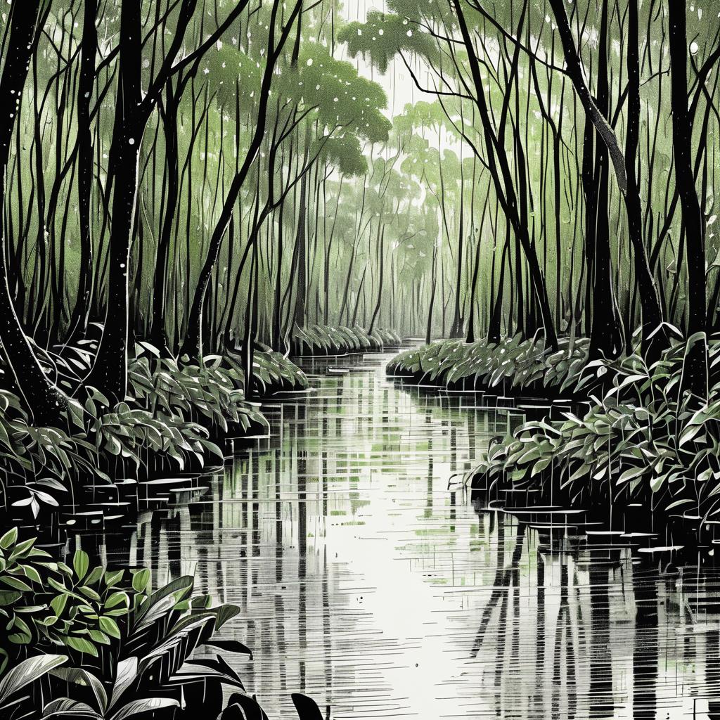 Serene Mangrove Swamp in Gentle Rain