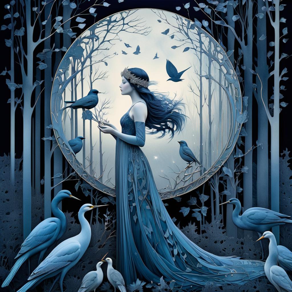 Moonlit Forest: Enigmatic Woman and Birds