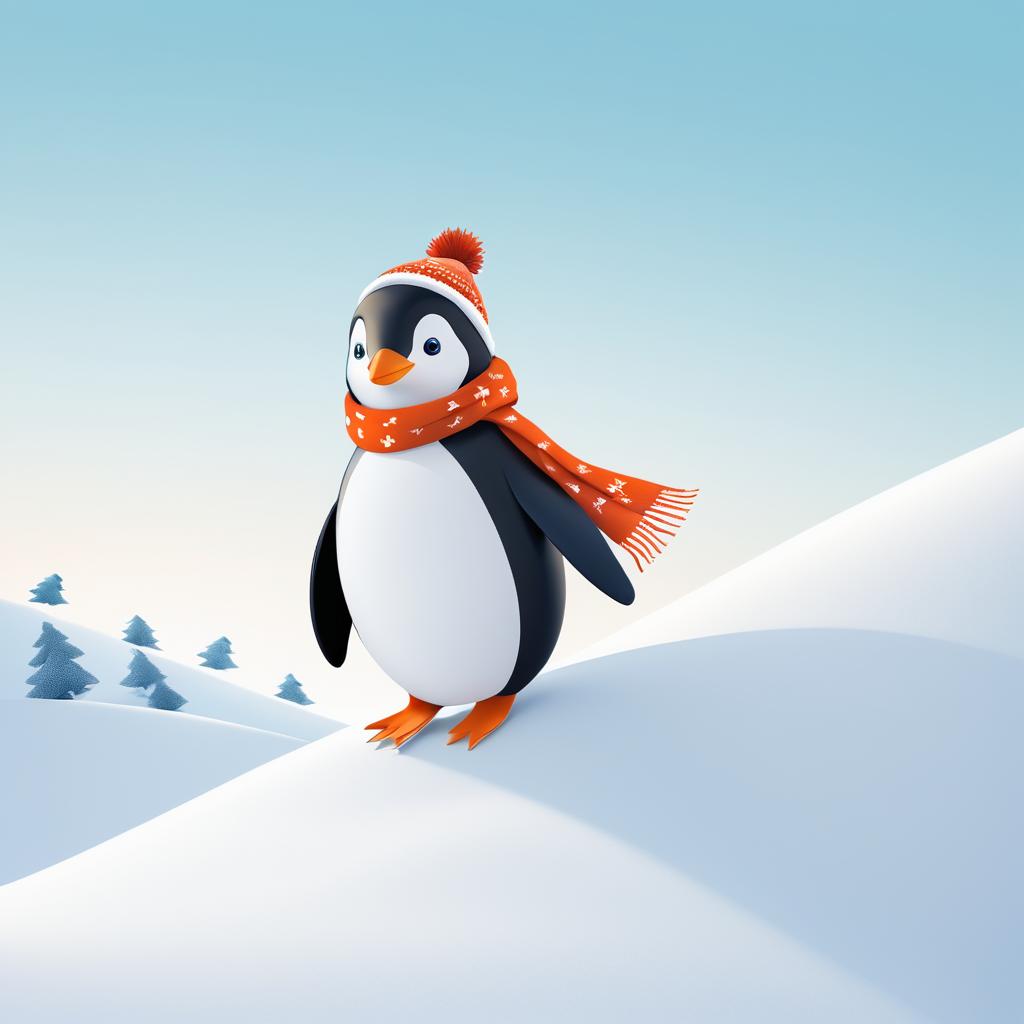 Whimsical Penguin Sliding Down Snowy Hill