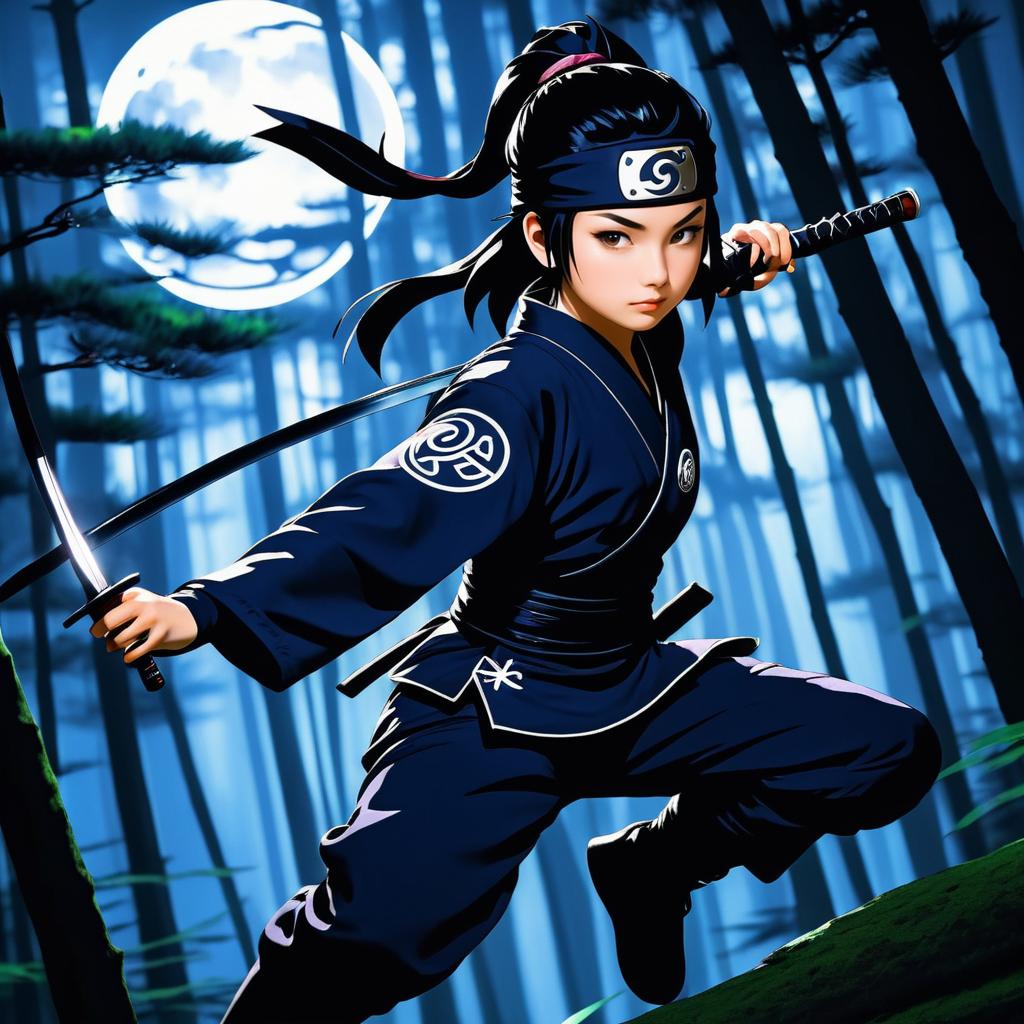 Stealthy Kunoichi in Moonlit Forest