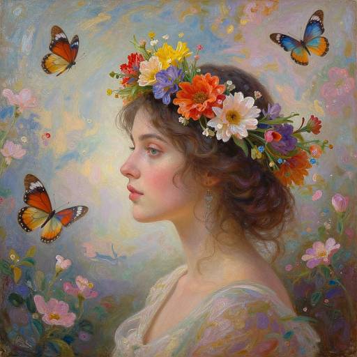 Digital painting of a young woman with a colorful flower crown, surrounded by vibrant butterflies, in a dreamy, floral-filled background.