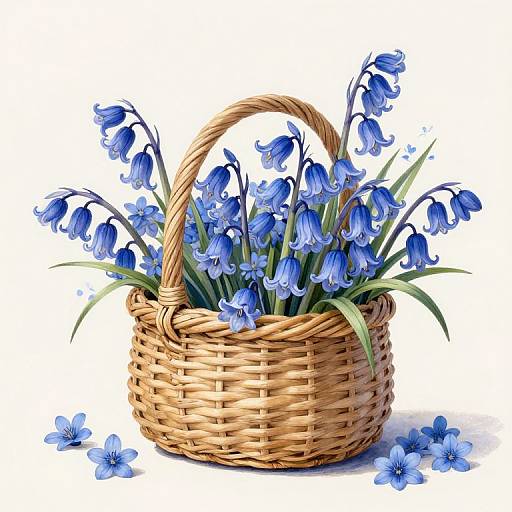 Digital illustration of a woven basket filled with vibrant blue bellflowers, with some flowers scattered on the white background.