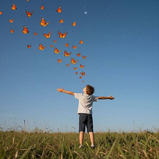 Photograph of a young boy with curly brown hair, wearing a white t-shirt and navy shorts, standing in a grassy field, arms outst
