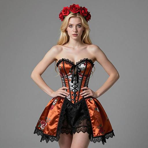 Woman in Renaissance-Inspired Corset Dress with Rose Crown