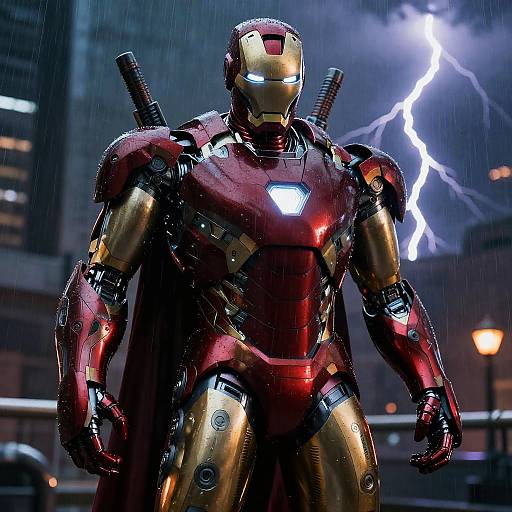 Photorealistic CGI of Iron Man in red and gold armor, standing in a rainy cityscape with lightning, glowing blue eyes.