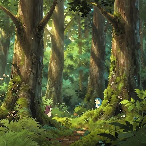 Digital painting of a sunlit forest with towering trees, lush green underbrush, and small, glowing mushrooms peeking through the foliage.