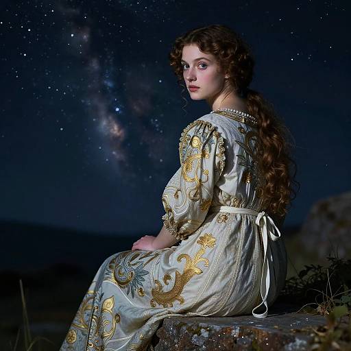 Photograph of a young woman with long curly brown hair, wearing an ornate white and gold embroidered dress, seated against a starry night sky.