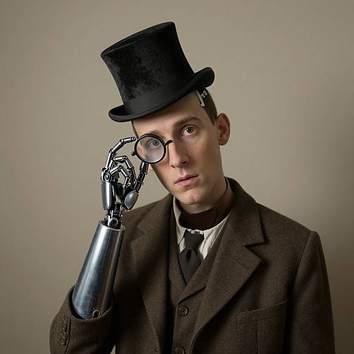 Photograph of a pale-skinned man with a robotic right hand, wearing a black top hat, round glasses, brown tweed suit, and black