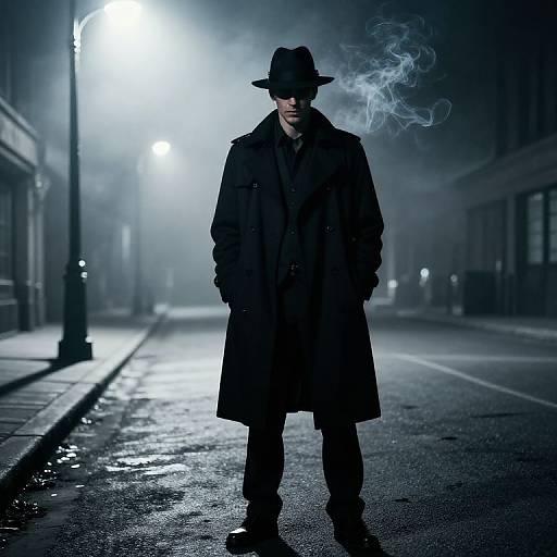 Photograph of a mysterious man in a black coat and hat, standing in a foggy, moonlit, empty street with smoke rising.