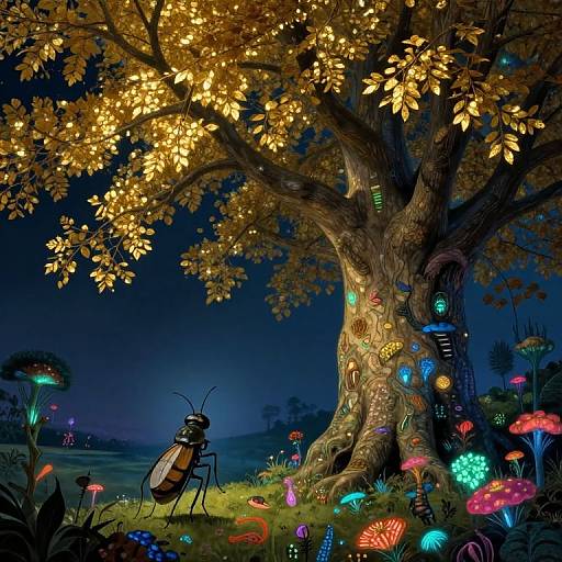 Whimsical nighttime forest scene: a glowing tree with colorful, bioluminescent mushrooms and insects, a large beetle standing beneath golden leaves. Digital