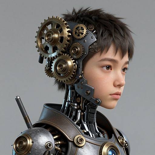 CGI image of an Asian boy with black hair, cybernetic gears, and mechanical parts integrated into his head and neck, gazing to the