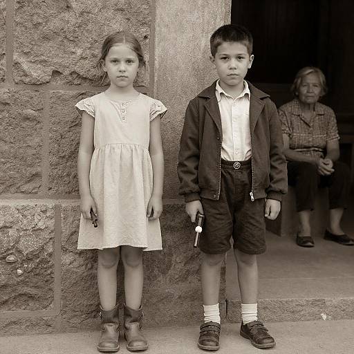 Sepia Photo of Two Children by Wall