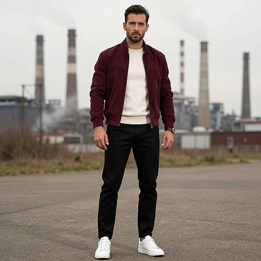Photograph of a bearded man with dark hair, wearing a maroon jacket, white t-shirt, black pants, and white sneakers, standing on