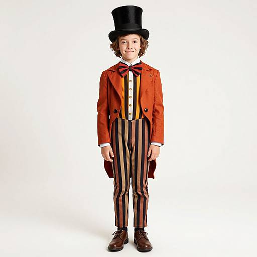 Photograph of a young boy in a red jacket, black top hat, striped pants, bow tie, and yellow vest, standing against a white background