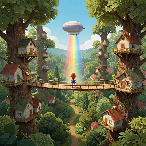 Digital artwork of a fantasy forest with treehouses, a rainbow bridge, and a UFO emitting a rainbow beam, featuring a red-haired girl in blue.
