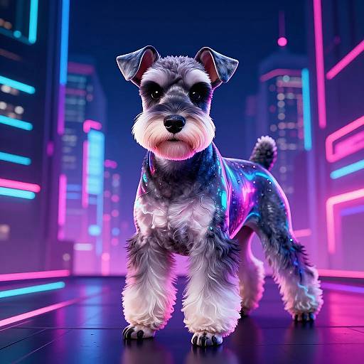 Neon-lit digital artwork of a small, gray and white terrier dog wearing a glowing, cyberpunk-style jacket, standing on a futuristic,