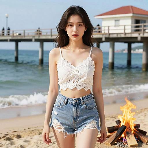 Photograph of an Asian woman with long black hair, wearing a white lace crop top and frayed denim shorts, standing by a beach bonfire with