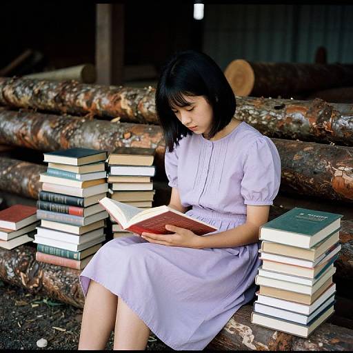 Photograph of an Asian woman with black bob haircut, wearing a light purple dress, reading a book among stacked books on logs.