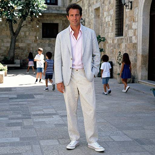 Photograph of a handsome man with short dark hair, wearing a white blazer, pink-striped shirt, and white pants, standing in a sunlit