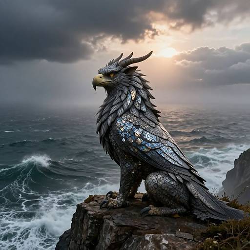 Digital art of a majestic, blue-scaled, dragon-like gryphon with sharp claws and feathers, sitting on a rocky cliff, overlooking a storm