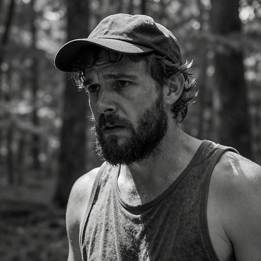 Bearded Man in Forest Sweat and Distress