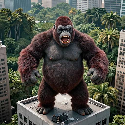CGI image of a towering, muscular, dark brown gorilla with an open mouth, standing on a rooftop amidst a jungle and modern skyscrapers