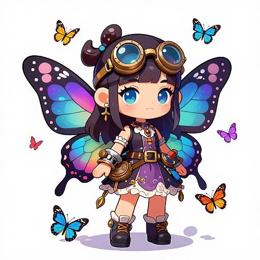Chibi-style anime girl with black hair, blue eyes, butterfly wings, goggles, and steampunk outfit, surrounded by colorful butterflies, stands confidently