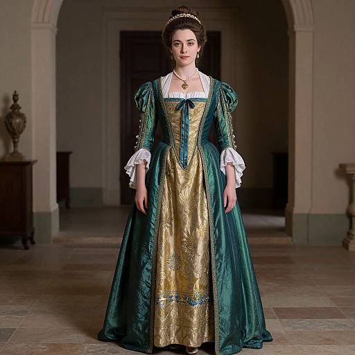 Woman in Historical Green and Gold Dress