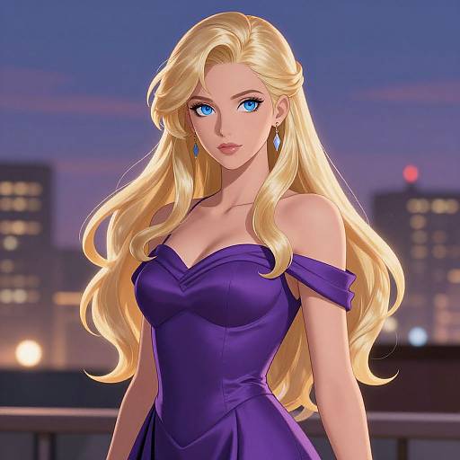 Digital anime-style drawing of a blonde woman with blue eyes, wearing a purple off-shoulder dress, blue earrings, against a twilight cityscape.