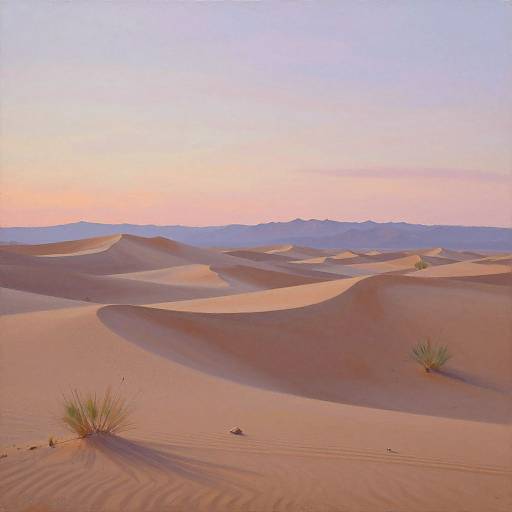 Photograph of a serene desert landscape at sunset, featuring rolling sand dunes, sparse desert grass, and a pastel sky with purple, pink,