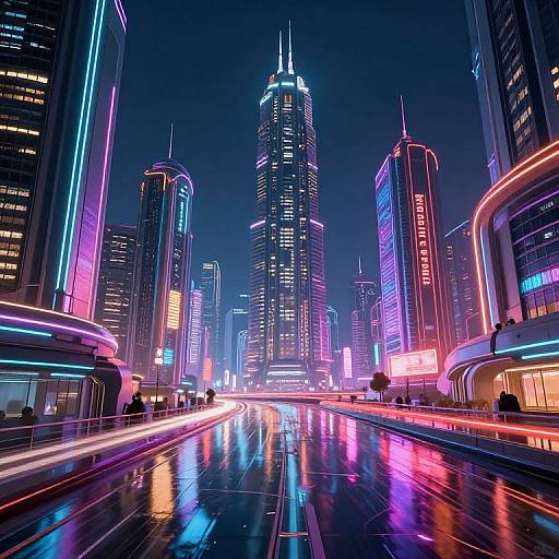 Neon-lit, futuristic cityscape photograph: Vibrant skyscrapers with blue, pink, and purple lights, reflecting on wet streets; long