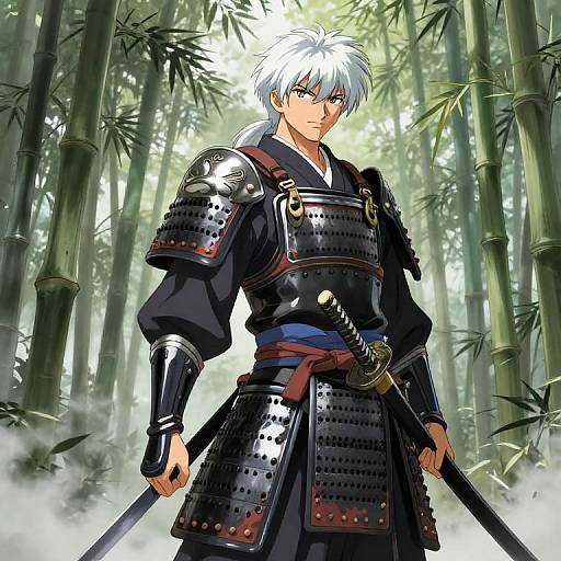 Anime-style digital illustration of a white-haired samurai with blue eyes, wearing black armor and holding a katana, standing in a misty bamboo forest