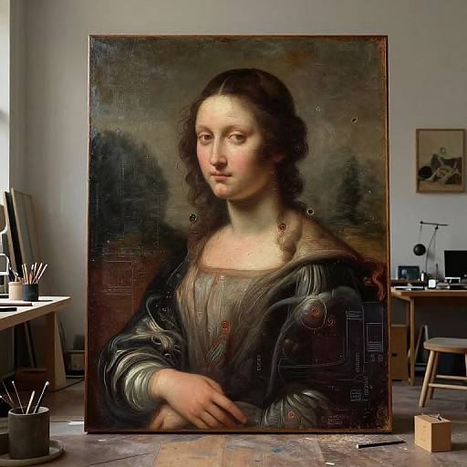 Photograph of a classical Renaissance-style painting of a serene woman with wavy brown hair, dark dress, and soft light in a modern art studio.