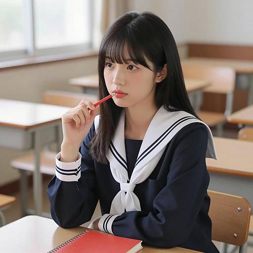 Asian Student in Japanese School Uniform in Classroom
