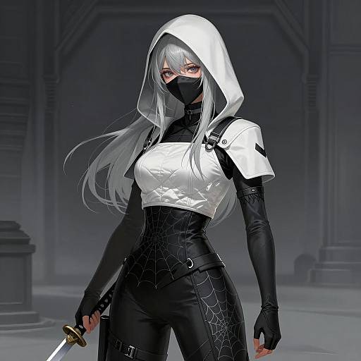 Female Ninja with Sword in Hooded Outfit