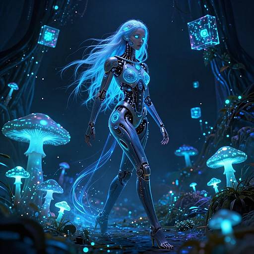 Digital fantasy artwork of a glowing, cybernetic woman with long blue hair, walking through a luminescent forest of bioluminescent mushrooms and