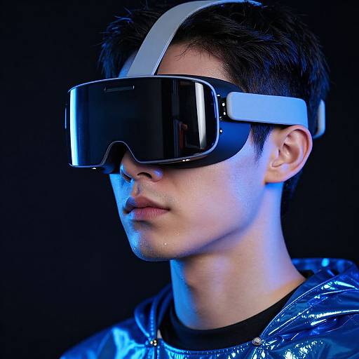 Photograph of an Asian man with short black hair, wearing a virtual reality headset and shiny blue hoodie, illuminated by blue light against a black background.