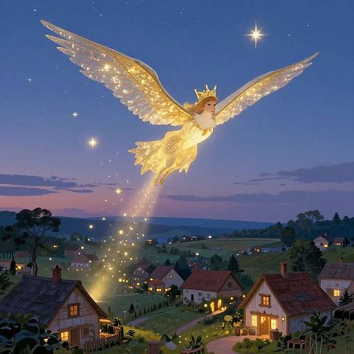 Photograph of a glowing, golden-winged angel with a crown, flying over a twilight village, leaving a trail of sparkling lights.